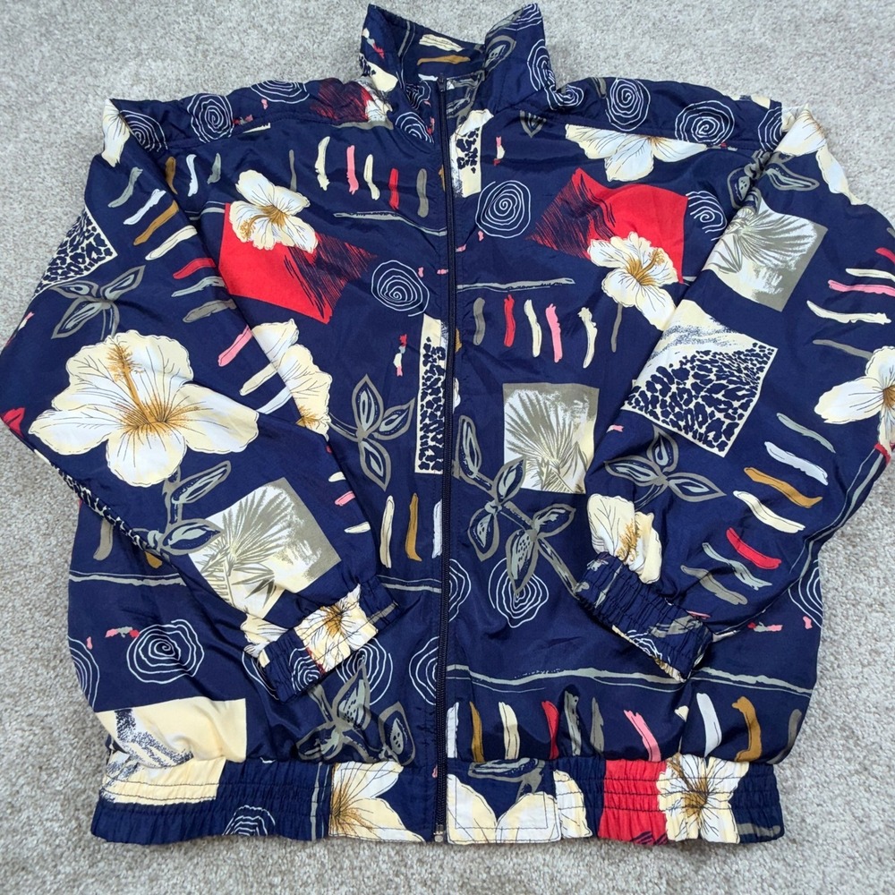 Vintage Kloz Tropical Hawaiian Floral Abstract Windbreaker Jacket HibiscusPL